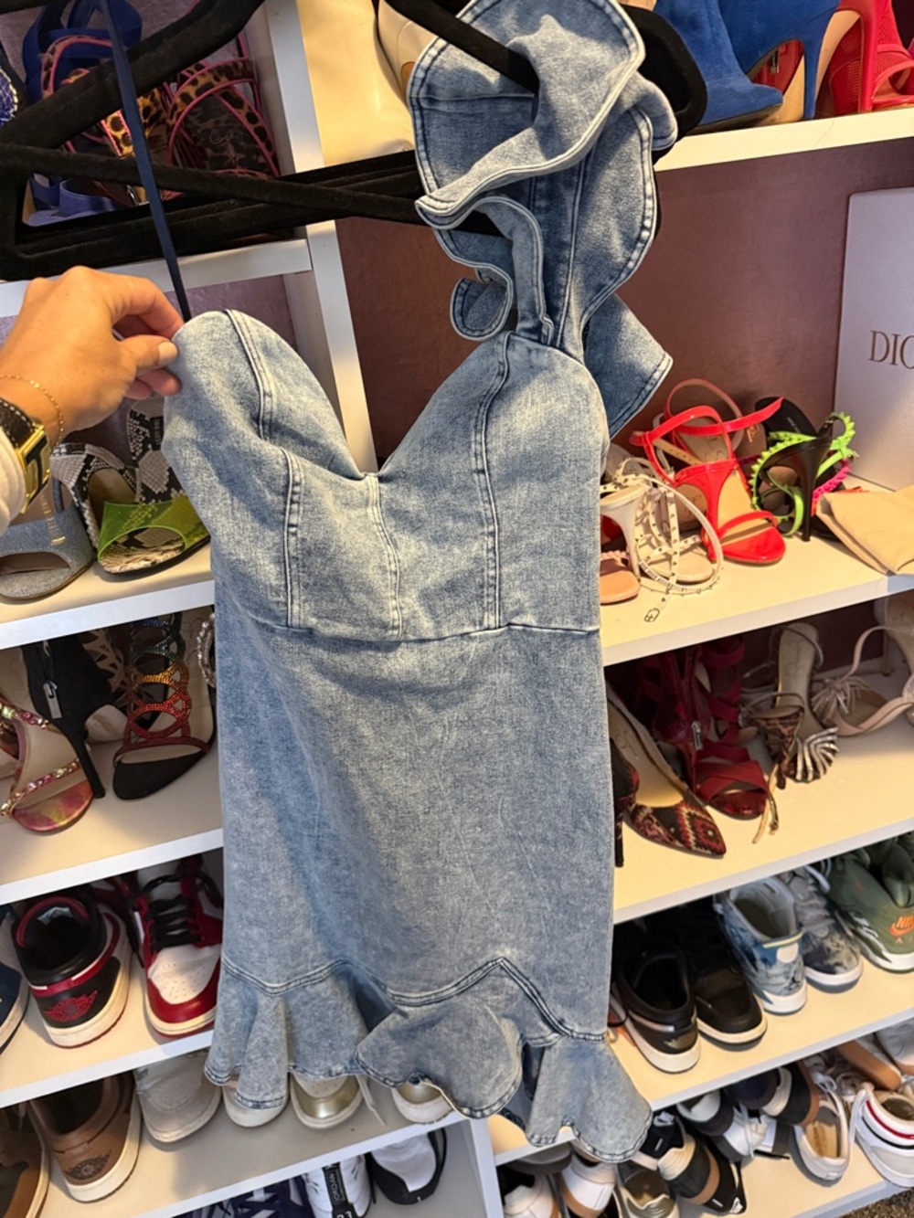 One-Shoulder Denim Mini Dress in Light Blue